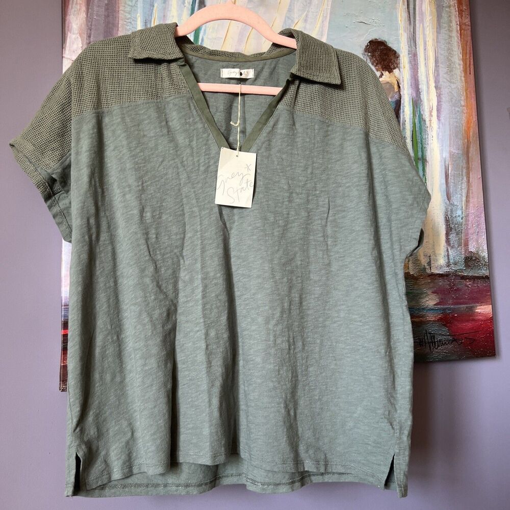 Grey State Sz S-M Darcy Top Shirt Blouse Castor Grey Cotton/Linen Mesh